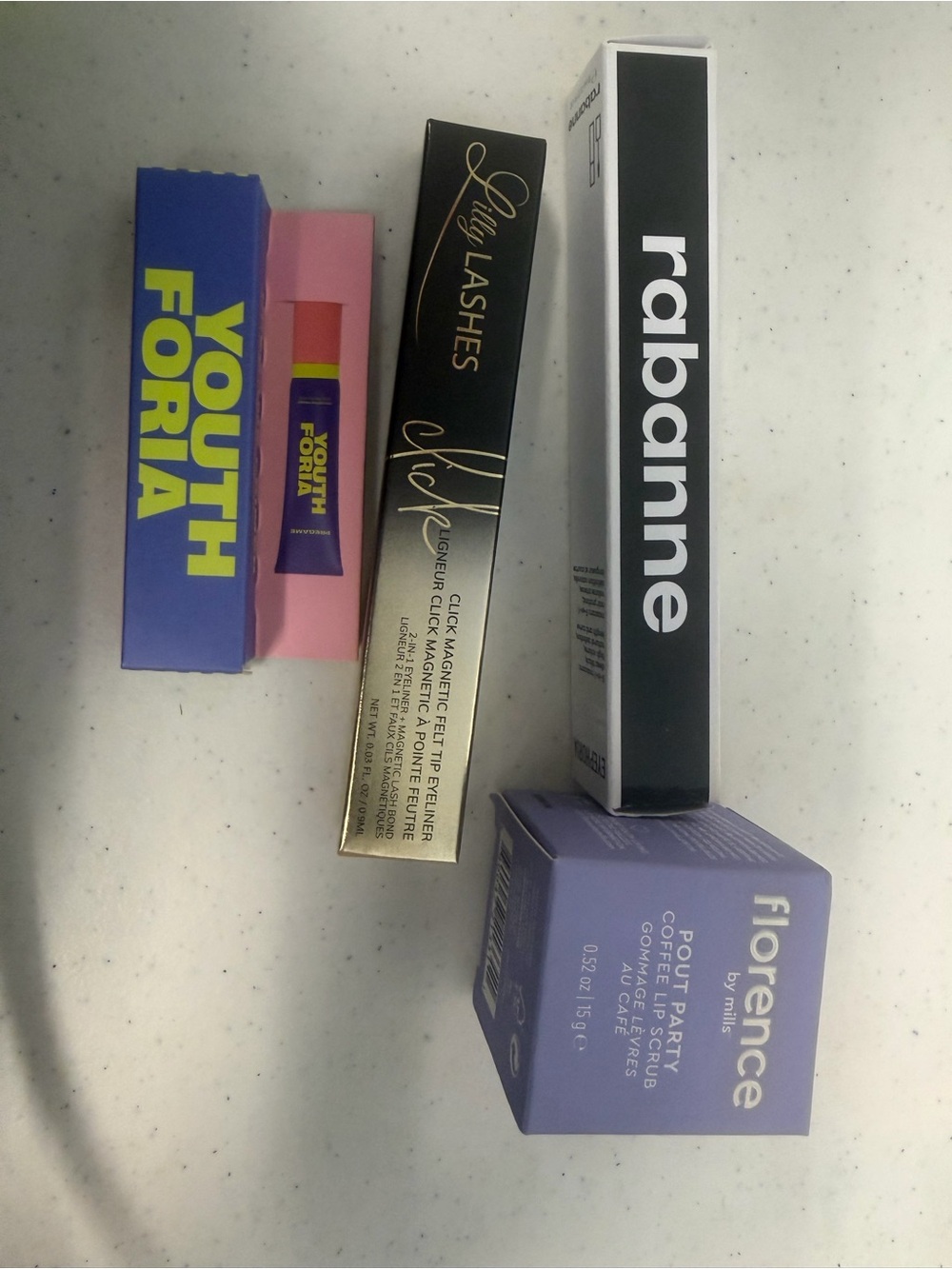 YOUTH FORIA LIPPIE, PACO RABANNE MASCARA, FLORENCE LIP SCRUB&LILLY EYELINER #10